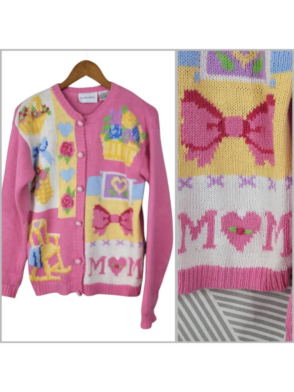 Vtg Alexandra Bartlett Small Pink Kitchi Mothers Day Mom Knit Cardigan Sweater
